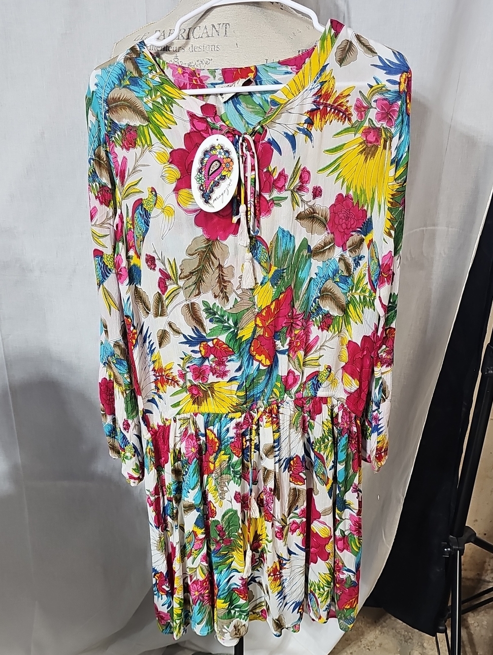 White Floral Boho Tunic Dress with Bright Multicolor Print